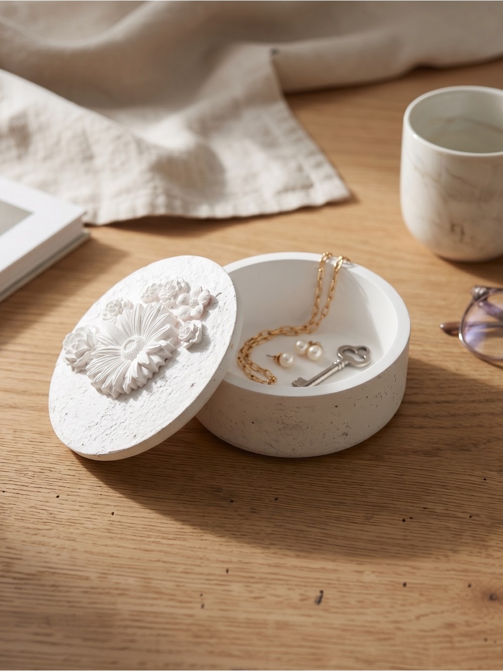 Decorative White Floral Trinket Box with Lid